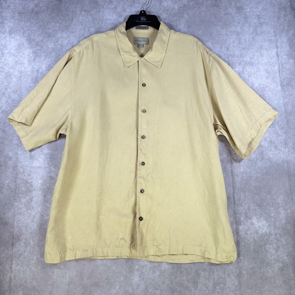 Cutter & Buck Shirt Men XL Tan Short Sleeve Silk Button Up Casual‎ Business